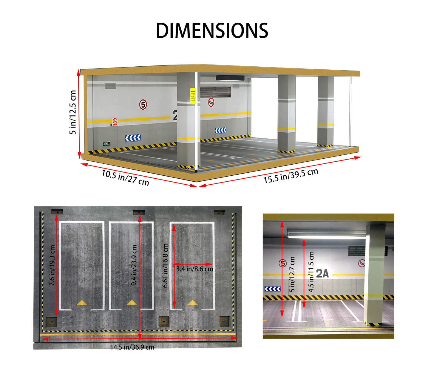 1:24 Scale Die-Cast Car Garage Display Case with Transparent Acrylic Cover and LED Lighting for 3 Parking Spaces (2A)