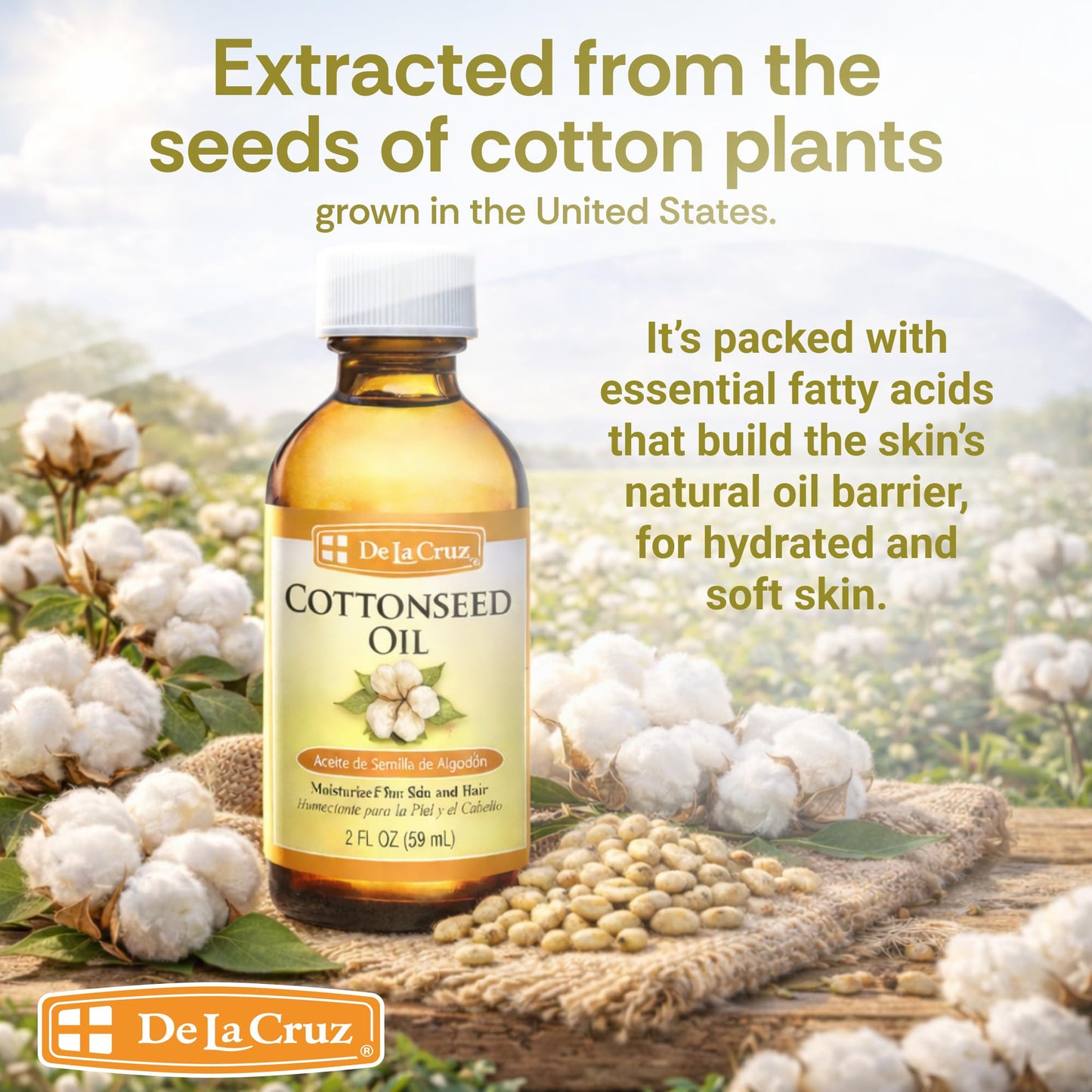 De La Cruz Cottonseed Oil - Moisturizer for Skin and Hair - Multipurpose Carrier Oil - 2 Fl OZ (1 Bottle)