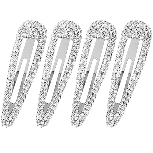 HINZIC 4Pcs 3 Inch Rhinestone Hair Clips, Sparkly Snap Hair Barrettes, Metal No Slip Silver Hair Pins Valentines Wedding Party Prom Birthday