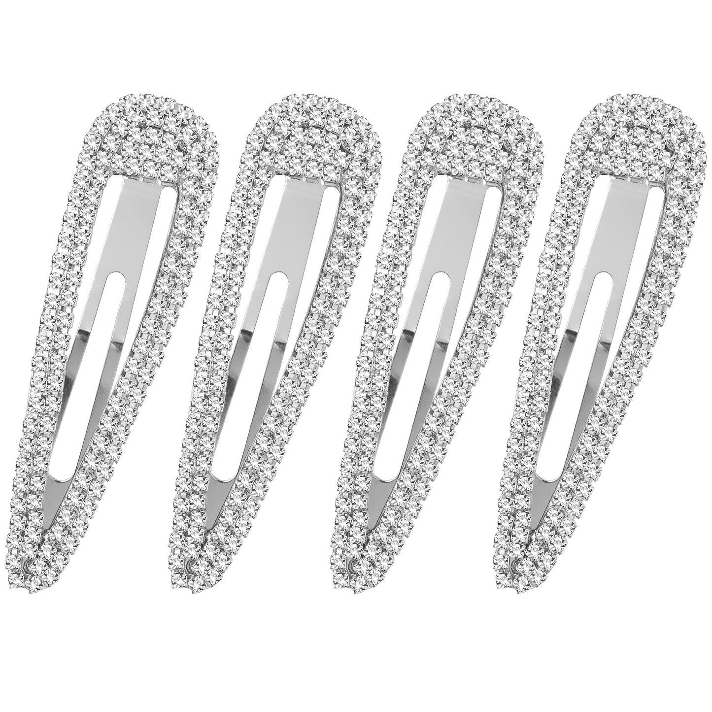 HINZIC 4Pcs 3 Inch Rhinestone Hair Clips, Sparkly Snap Hair Barrettes, Metal No Slip Silver Hair Pins Valentines Wedding Party Prom Birthday