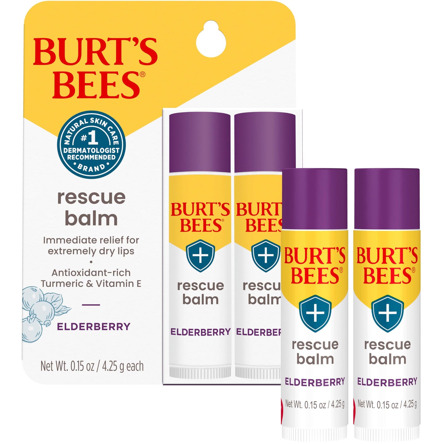 Burt's Bees Rescue Balm Elderberry Lip Balm, With Antioxidant-Rich Elderberry, Tint-Free, Natural Origin Lip Care, 2 Tubes, 0.15 oz.