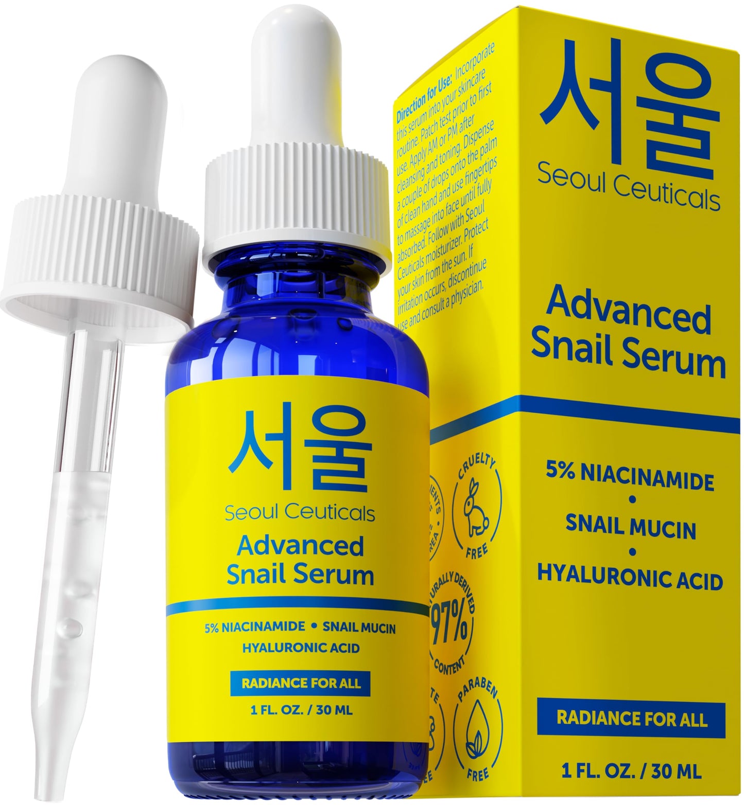 SeoulCeuticals Korean 5% Niacinamide + Snail Mucin 97.5% Essence Serum + Hyaluronic Acid, Cruelty Free Korean Skin Care, Natural & Organic Anti Aging