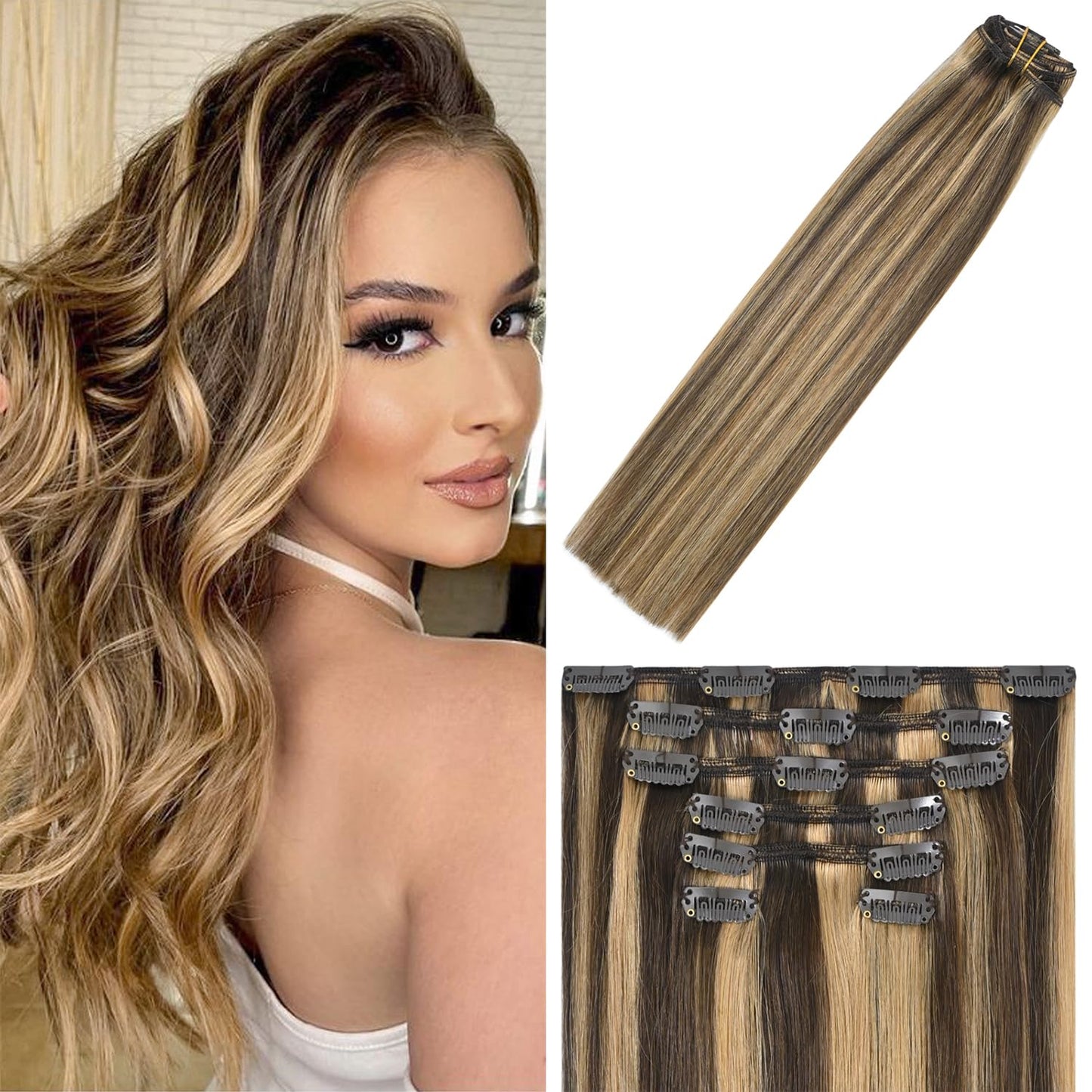 WindTouch Clip In Hair Extensions Human Hair Chocolate Brown to Dark Blonde Balayage Remy Hair 18Inch 75g #4p27 7PCS