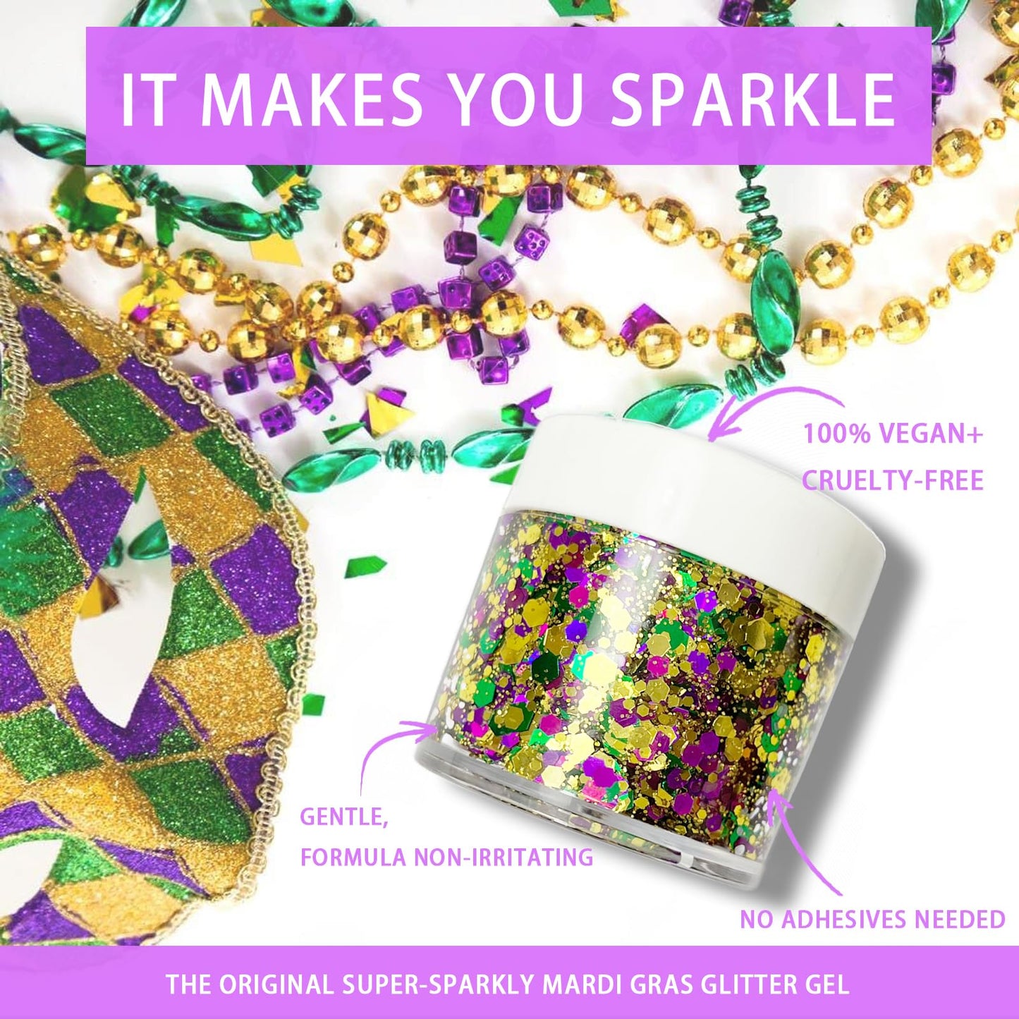 Mardi Gras Glitter Gel for Body, Face, Hair and Lip, Color Changing Glitter Gel Under Light (Mardi Gras)