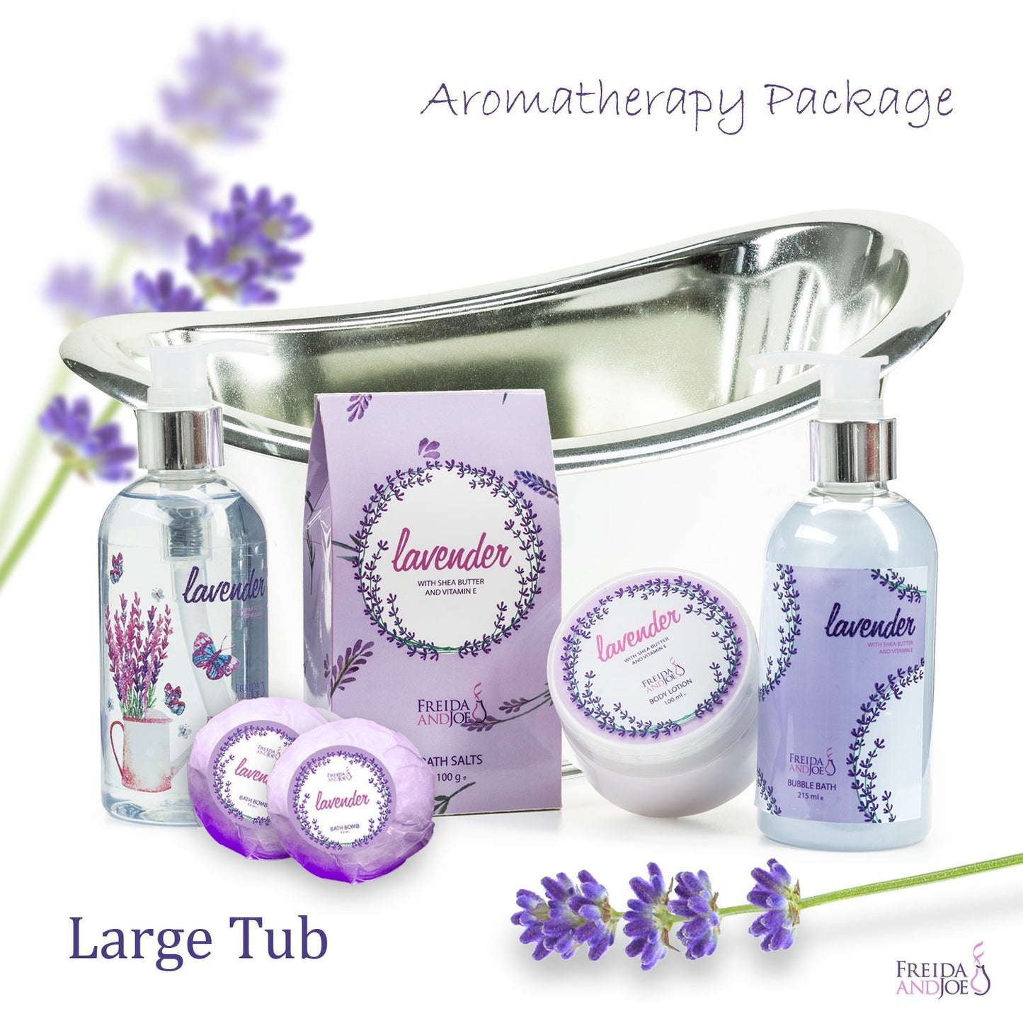 Aromatherapy Essentials Spa Set for Women in Large Silver Tub Bath Set Includes 2 Bath Bombs, Body Lotion, Bath Salts, Shower Gel, and Bubble Bath