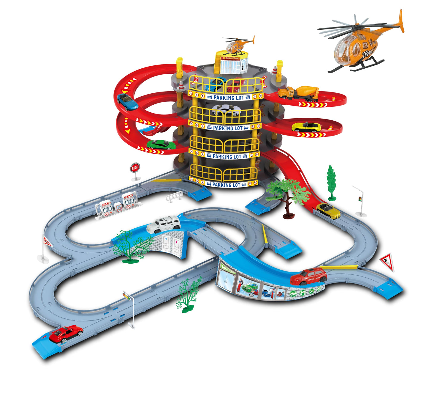 4-Level Garage Toy Set with Race Tracks, Parking Lot, 1 Helicopter & 2 Cars – Durable Vehicle Playset for Boys, Kids & Toddlers