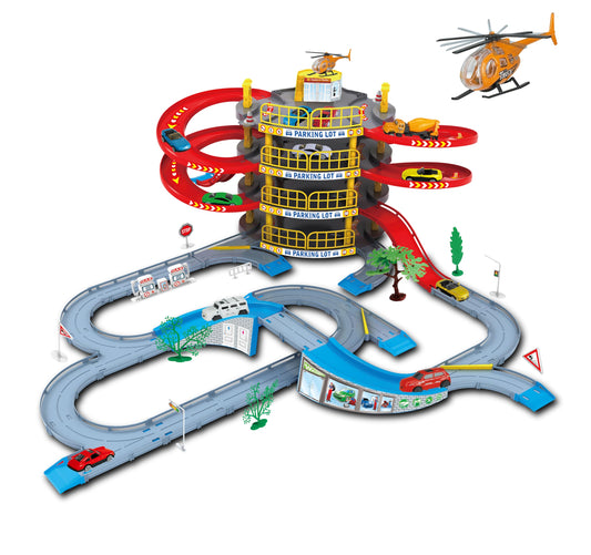 4-Level Garage Toy Set with Race Tracks, Parking Lot, 1 Helicopter & 2 Cars – Durable Vehicle Playset for Boys, Kids & Toddlers