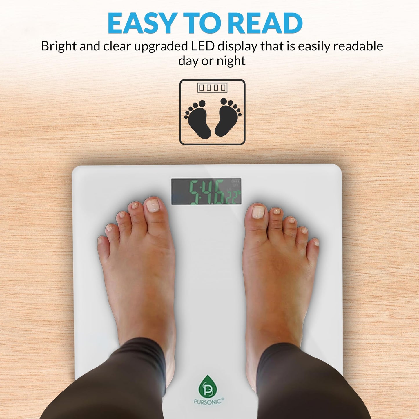 Pursonic Digital Bathroom Scale for Body Weight - 400lb Weight Scale with 5mm Tempered Glass, Clear LCD Display & Auto Shut Off - Accurate & Instant…