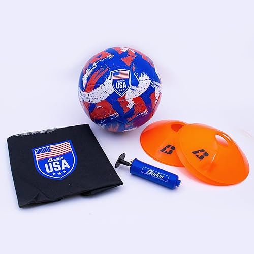 Baden | USA Soccer Starter Kit | Includes Size 5 Ball, 4 Cones, 1 Pump & 1 Bag with Drawstring