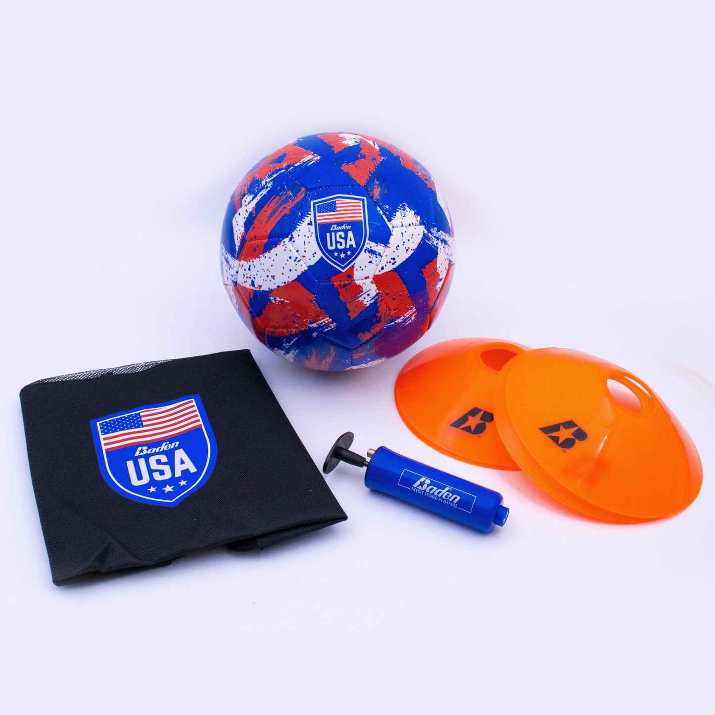 Baden | USA Soccer Starter Kit | Includes Size 5 Ball, 4 Cones, 1 Pump & 1 Bag with Drawstring