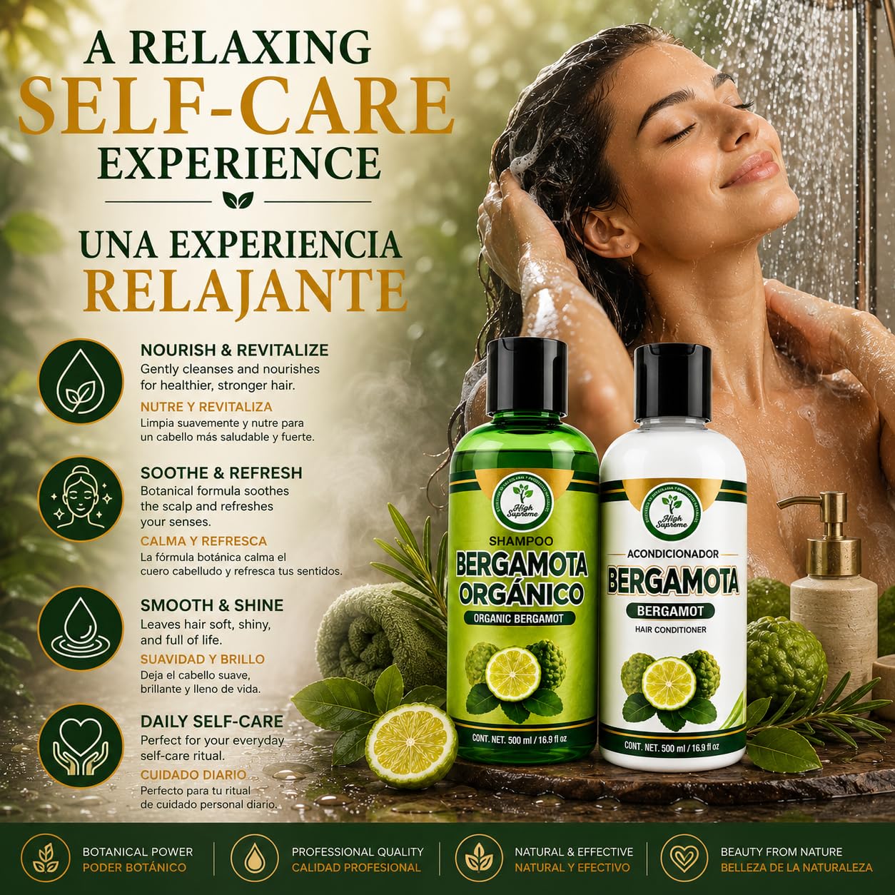 Shampoo Organic Bergamot + Conditioner (16.9 fl oz) with Aloe Vera & Rosemary | SHAMPOO ORGÁNICO BERGAMOTA con Sábila & Romero + Acondicionador - 500