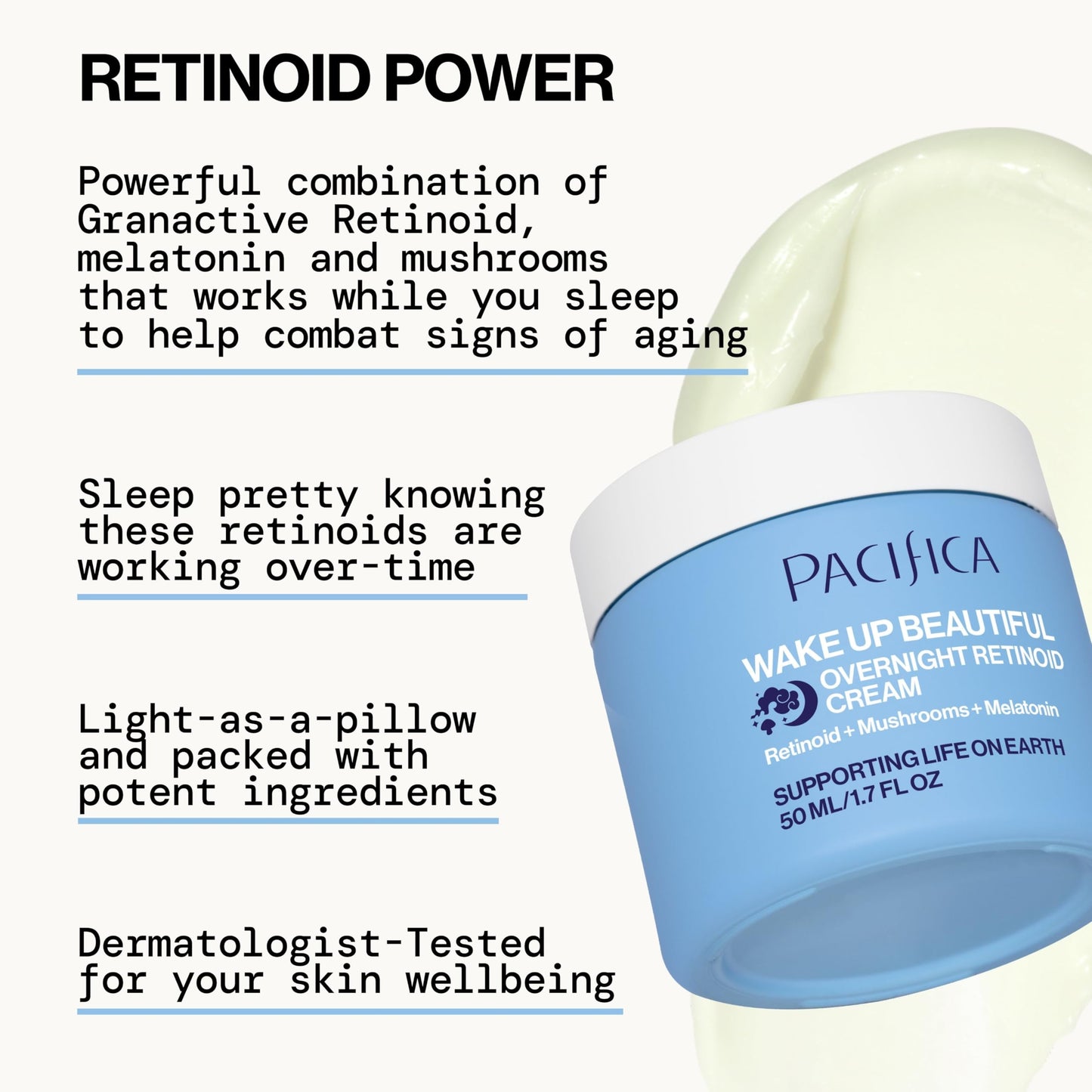 Pacifica Wake Up Beautiful Retinoid Night Cream - Overnight Anti-Aging Moisturizer with Hyaluronic Acid & Melatonin, Reduces Wrinkles & Fine Lines