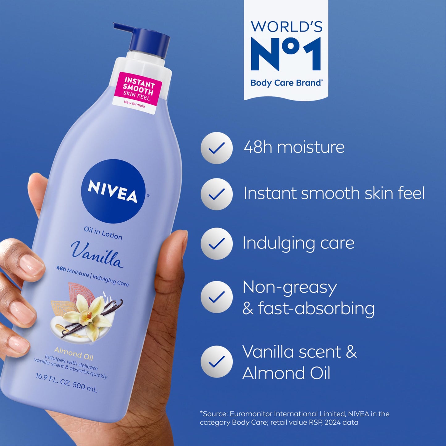 NIVEA Oil Infused Vanilla and Almond Oil Body Lotion for Women, Fast-Absorbing and Non-Greasy Vanilla Scented Lotion Moisturizes for 48 Hours, 16.9 Fl