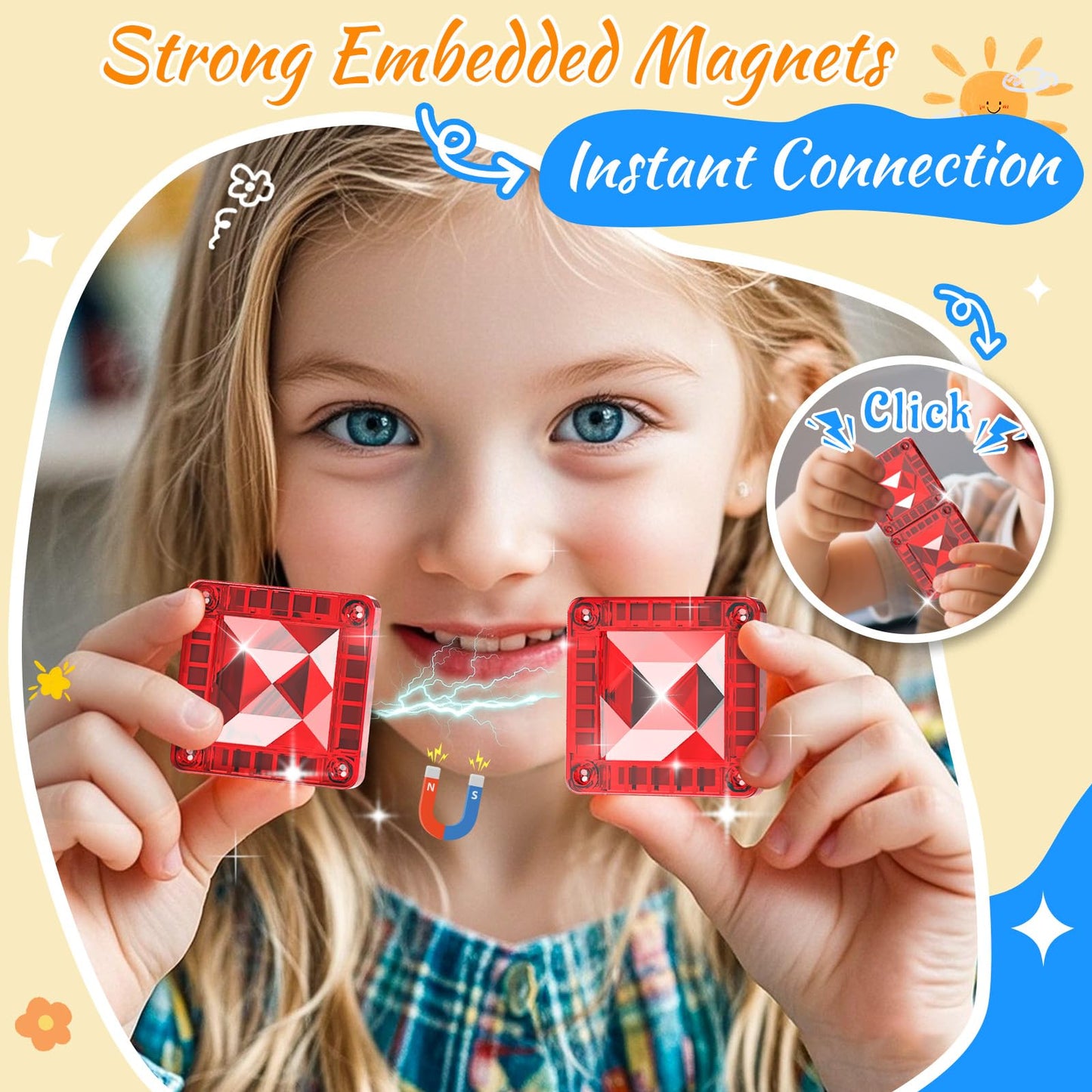 Zupooko Mini Magnetic Tiles – STEM Magnetic Building Blocks for Kids Ages 3–8, Montessori Sensory Learning Toy with Metal Storage Box, Gift