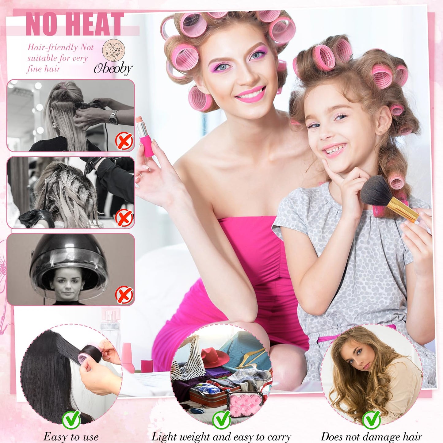 4 Sizes Self-Grip Hair Rollers Set for Long, Short Hair and Bangs - 50 Pcs with Clips (25mm, 36mm, 48mm, 60mm), Pink Beauty and Personal Care obeoby