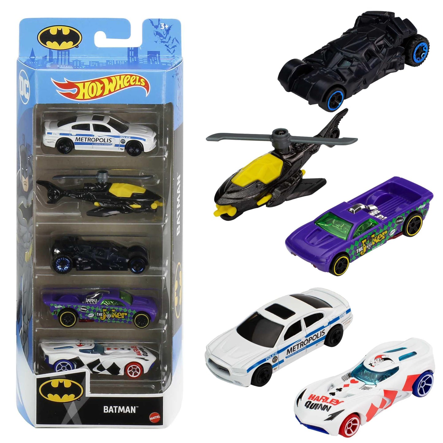 Hot Wheels Set of 5 Batman Toy Vehicles in 1:64 Scale from Batman TV Shows, Movies & Comics (Styles May Vary)