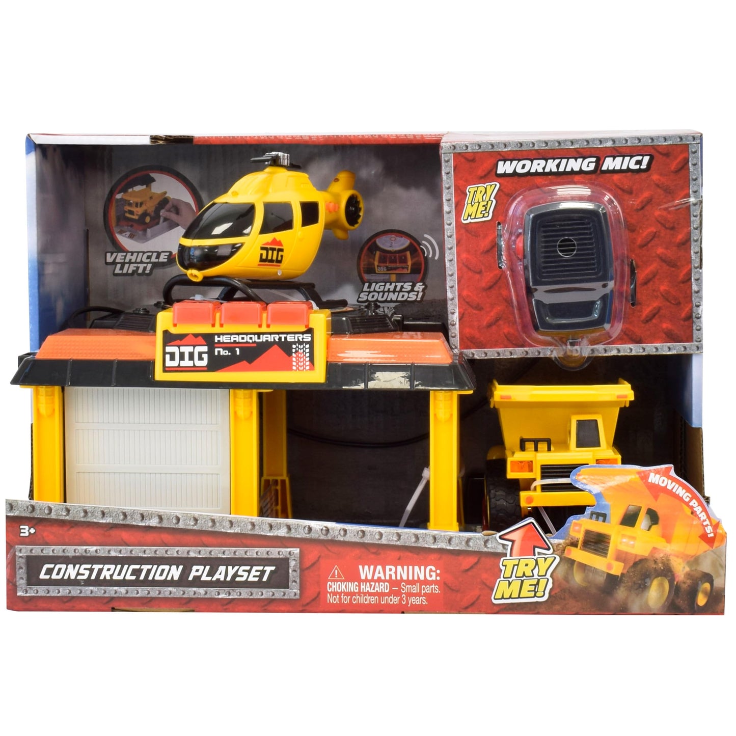 Mini Dig Vehicle Motorized Playset Construction Site Garage with Front Loader and Helicopter