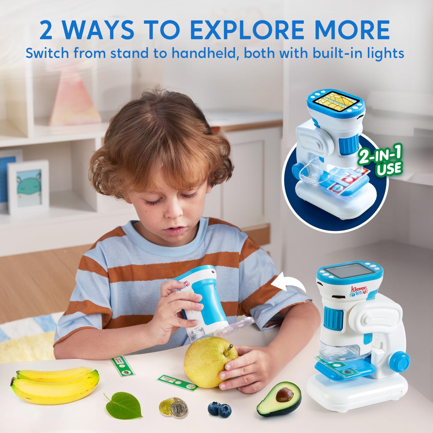 Klever Kits 2-in-1 Kids Microscope – 1000X HD Digital Handheld with 2" LED Screen, Slides & 32G Card, Educational Gift for Ages 5–12