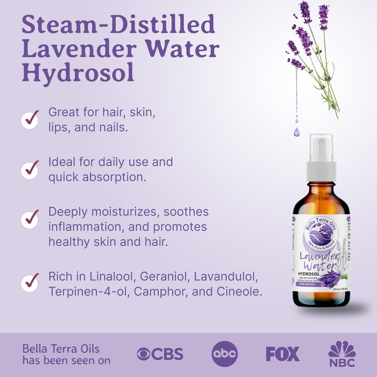 Bella Terra Oils - Lavender Water Spray 8 oz - Steam-Distilled Perfection, Bursting with Vitamin K & Omega-9, Elevate Your Skin Refreshment Routine