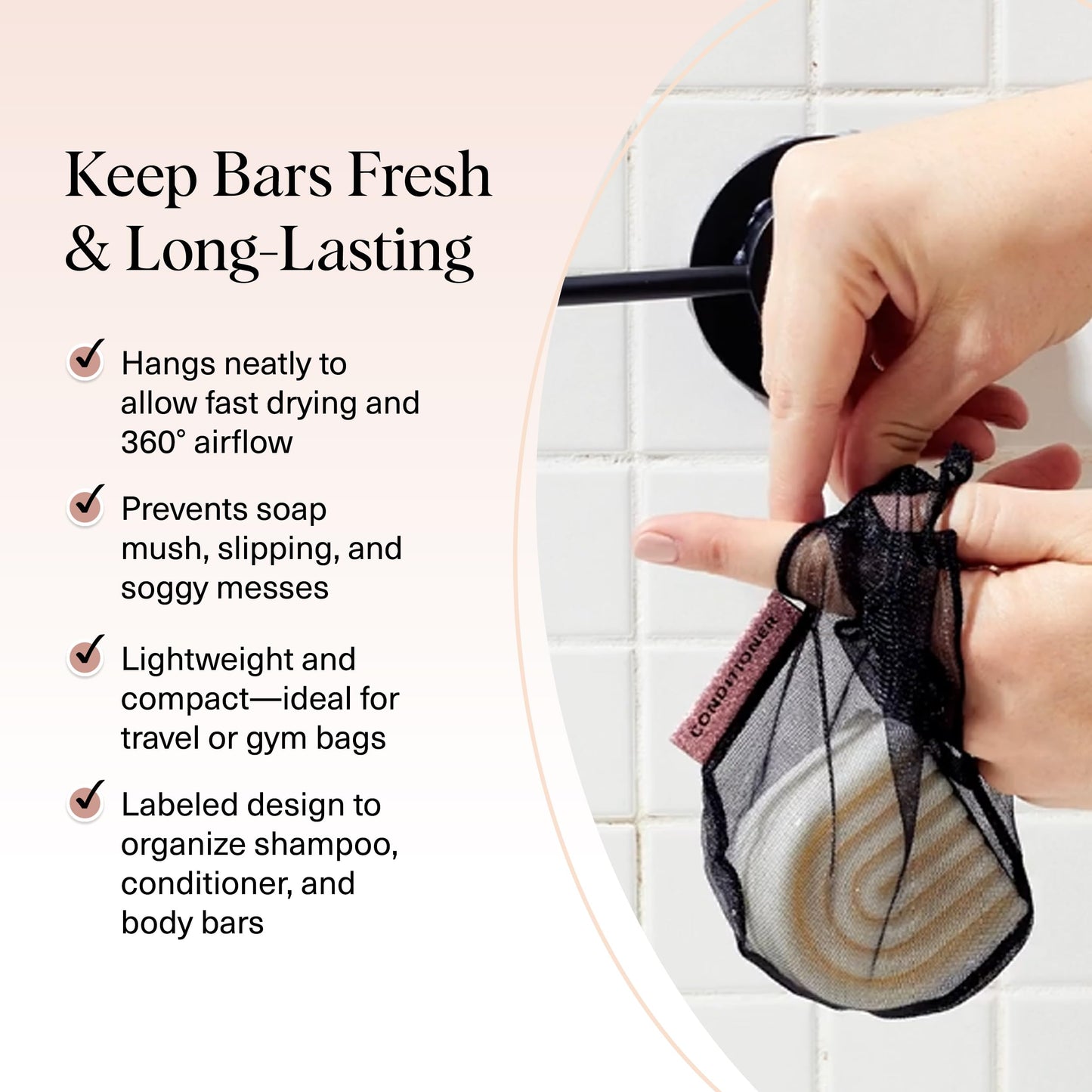 Kitsch Bar Soap Saver Bag - Patented Mesh Bag Soap Holder for Shampoo and Conditioner Bars - Extends Use & Prevents Soggy Mess - Recycled Mesh Beauty