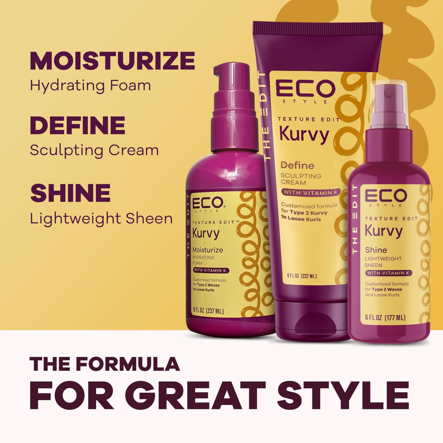 Eco Style, Texture Edit, Kurvy Moisturize Hydrating Foam for Type 2a to 2c wavy hair - Prep your hair for any style with lightweight leave in