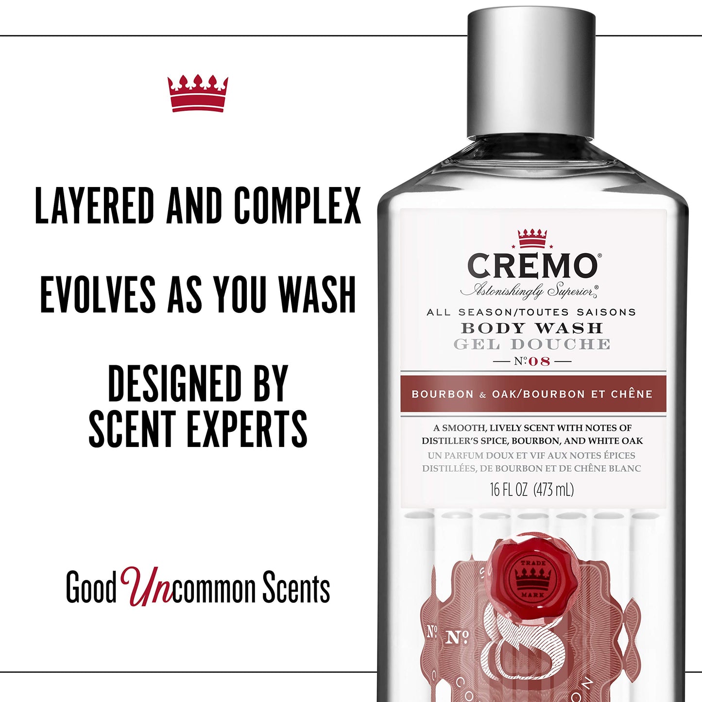 Cremo Rich-Lathering Bourbon & Oak Body Wash, A Sophisticated Blend of Distillers Spice, Fine Bourbon and White Oak, 16 Fl Oz