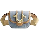 True Religion Women's Crossbody Bag, Denim Mini Flap Adjustable Shoulder Purse Handbag with Horseshoe Logo, Light Blue