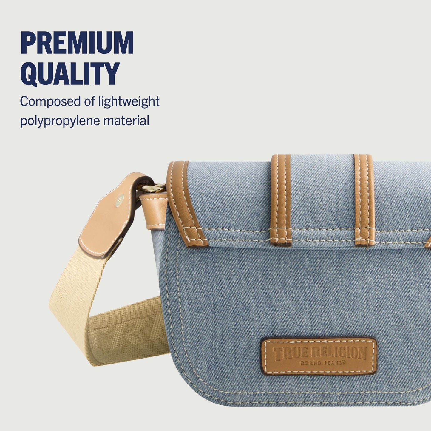 True Religion Women's Crossbody Bag, Denim Mini Flap Adjustable Shoulder Purse Handbag with Horseshoe Logo, Light Blue