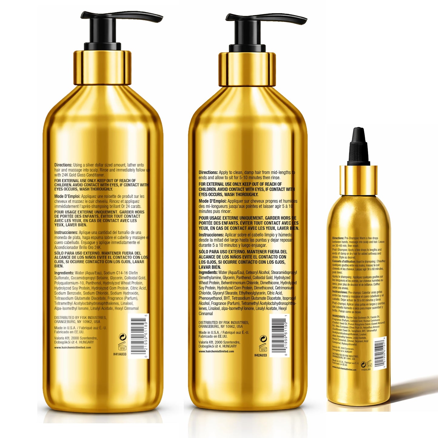 Hair Chemist 24K Gold Gloss Shampoo & Conditioner 3-Piece Hair Care Set - 33.8oz Shampoo, 33.8oz Conditioner & 8 oz Hair Oil - Strengthening, for Dry