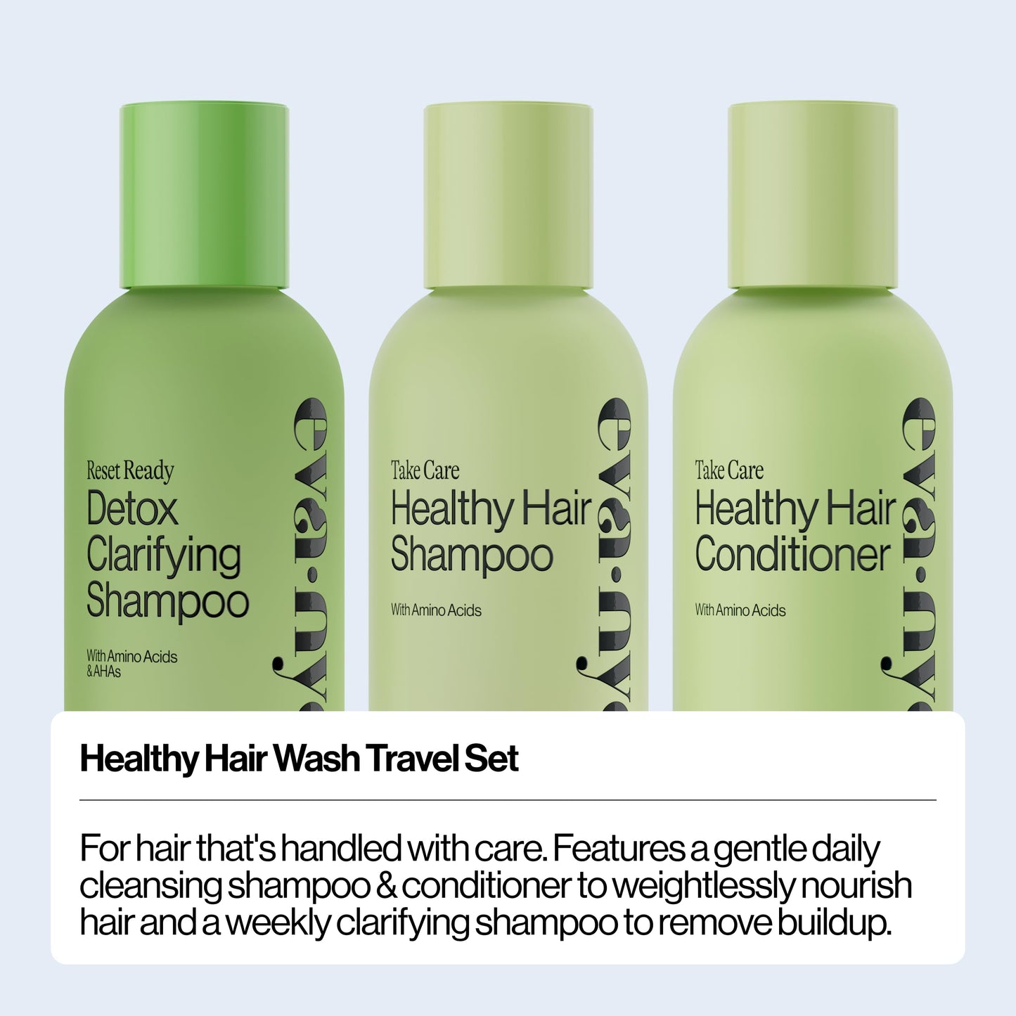 Eva NYC Travel Shampoo and Conditioner Set with Weekly Clarifying Shampoo - Gentle Daily Cleansing - Amino Acids + AHA's - Moisture + Shine - Protects