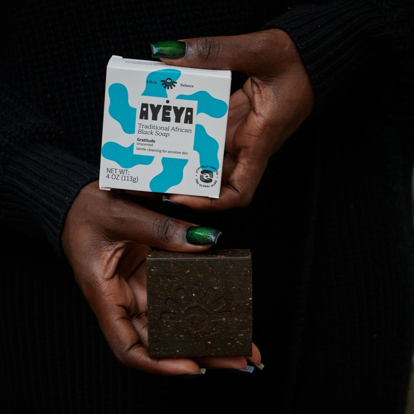 AYÉYA African Black Soap Bar, Fragrance Free (Gratitude) - Exfoliating Bar Soap for Dry, Combination, Sensitive, Acne-Prone Skin, 4 Oz