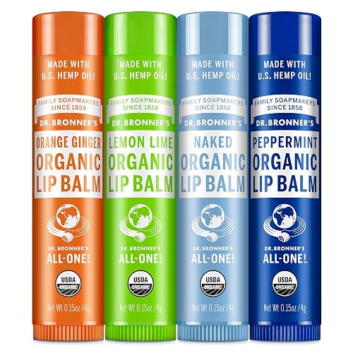 Dr. Bronner's - Organic Lip Balm Variety Peppermint, Orange Ginger, Naked, Lemon Lime) - Made with Organic Beeswax and Avocado Oil, For Dry Lips