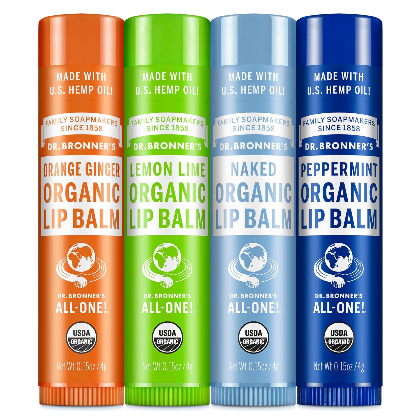 Dr. Bronner's - Organic Lip Balm Variety Peppermint, Orange Ginger, Naked, Lemon Lime) - Made with Organic Beeswax and Avocado Oil, For Dry Lips