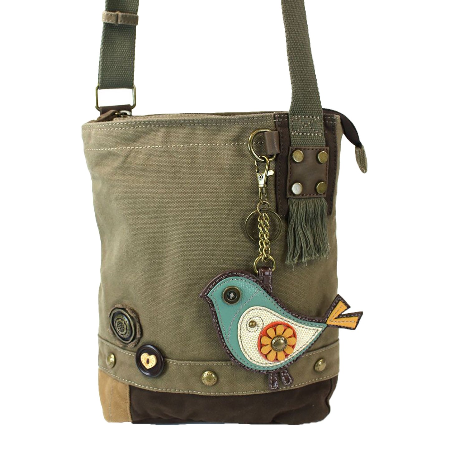 CHALA Patch Cross-Body Women Handbag, Olive Canvas Messenger Bag - Green Bird