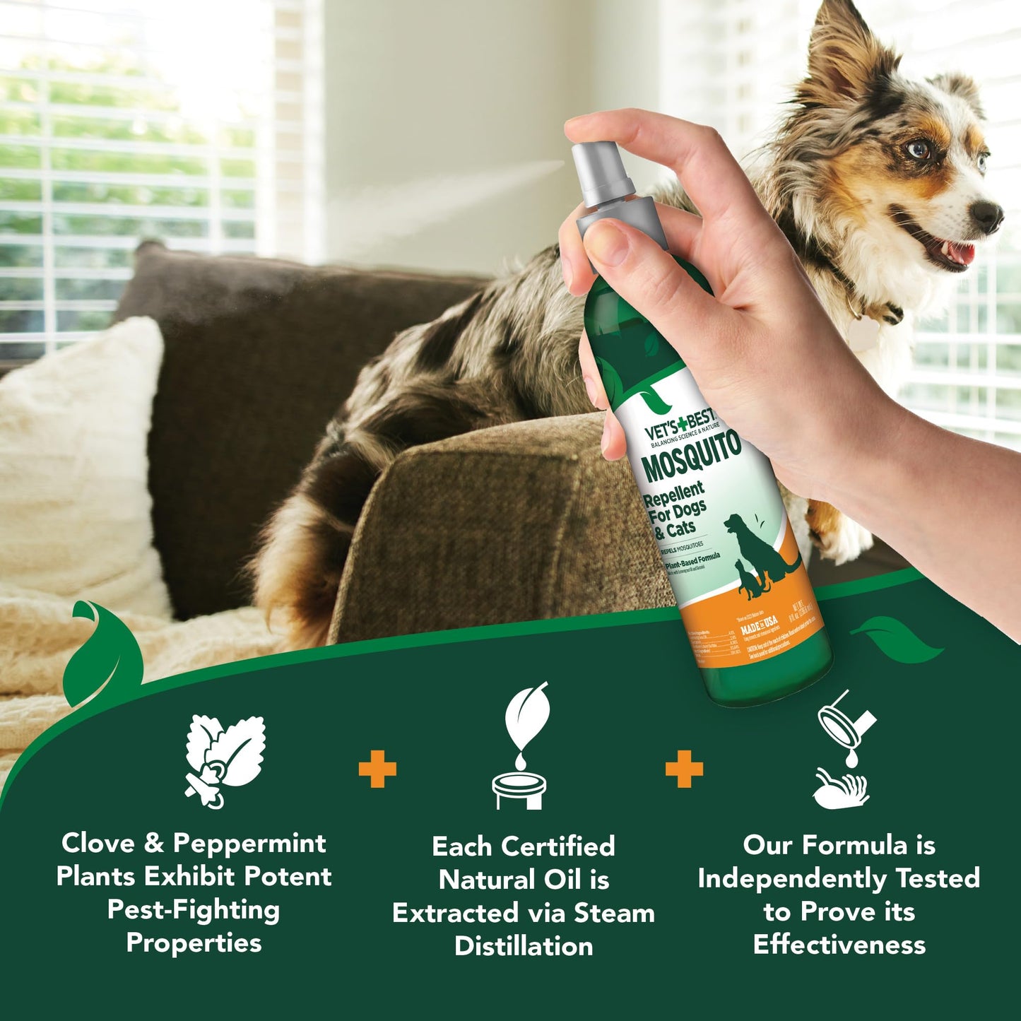 Vet's Best Natural Mosquito Repellent Spray for Dogs and Cats – Plant-Based Protection with Certified Essential Oils – DEET-Free Outdoor Pest Repellent for Pets – Natural and Safe – 8 oz Bottle