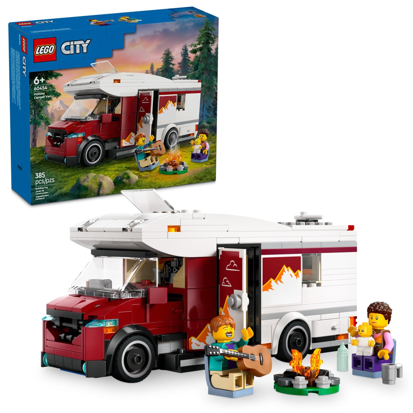 LEGO City Holiday Adventure Camper Van Toy Set – Vacation Building Kit for Kids 6+ with 3 Minifigures & Accessories – 60454