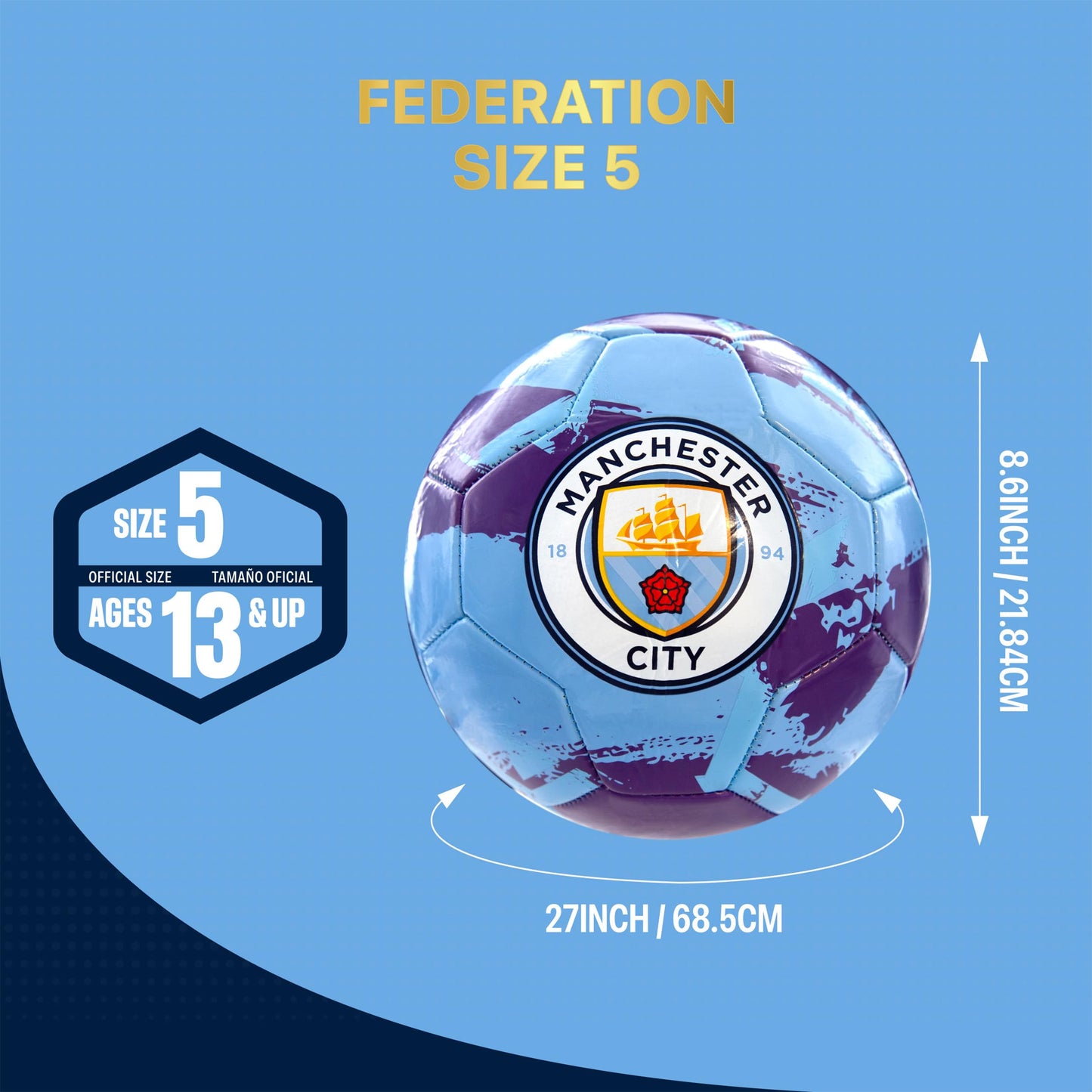 Icon Sports Official Manchester City FC Soccer Ball - MC93BL Light Blue Size 5