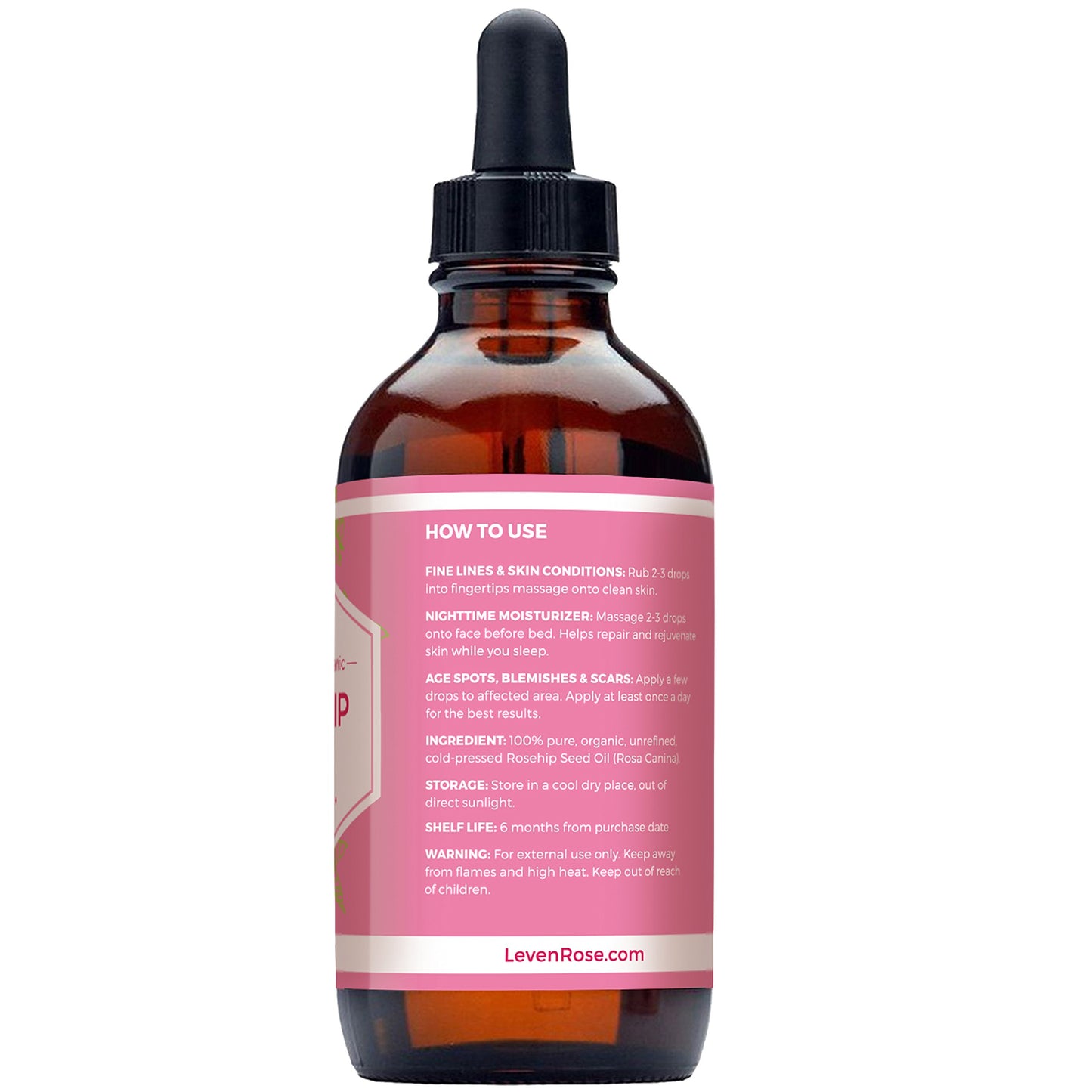 Leven Rose Rosehip Seed Oil for Face 4 oz - Pure Rosehip Oil for Face - Unrefined Cold Pressed Rosehip Oil for Body - Nighttime Face Moisturizer