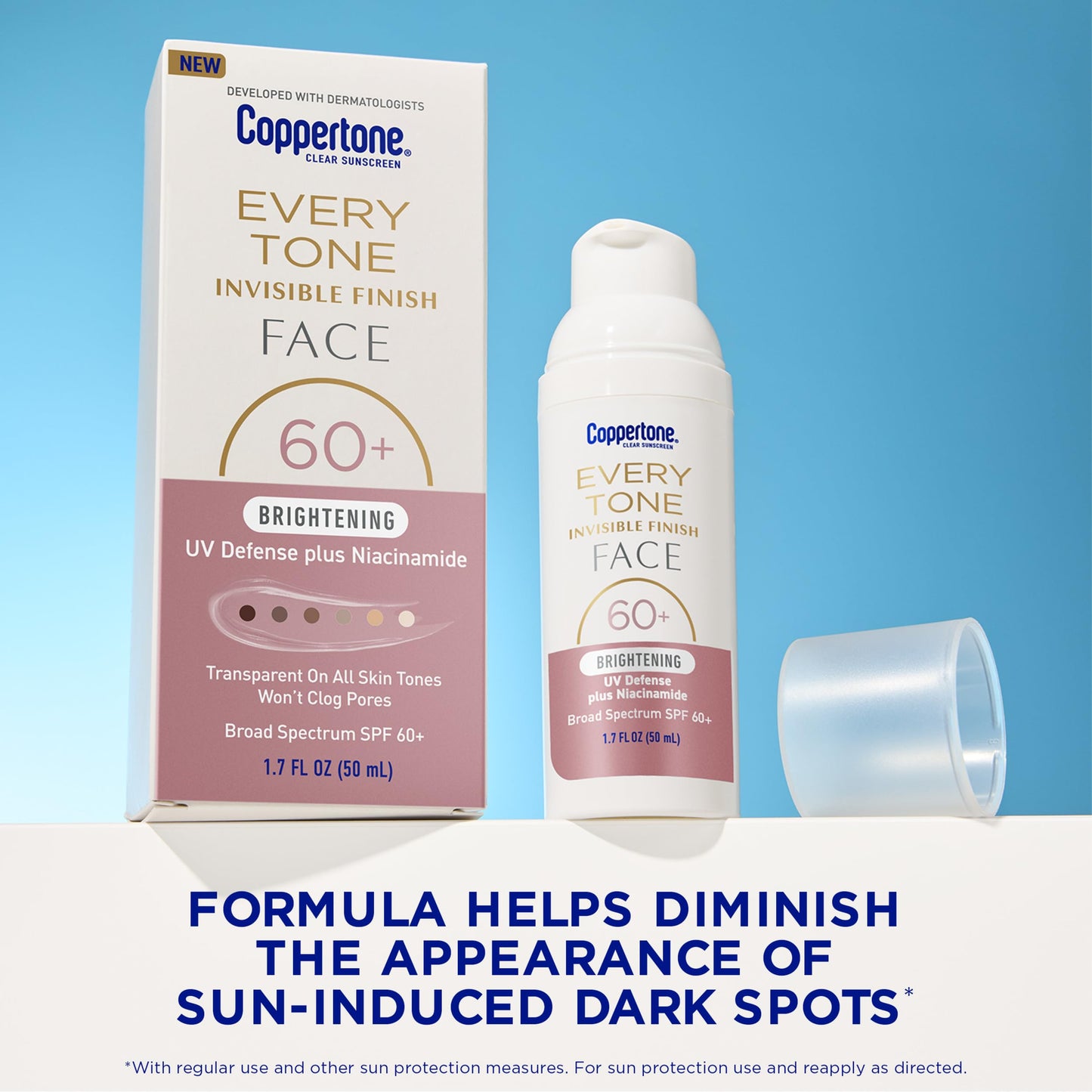 Coppertone Every Tone Invisible Finish Brightening UV Defense Face Sunscreen SPF 60+ with Niacinamide, Lightweight, Blends in Clear Sunscreen for All