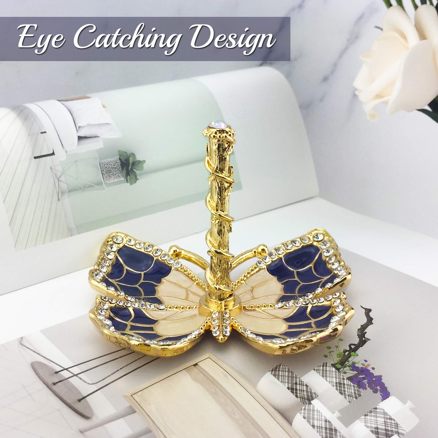 Matashi Gold Plated Butterfly Jewelry Organizer with Blue Enamel & Crystals - Elegant Ring Holder - Ideal Gift for Her on Mother’s Day, Valentine’s…