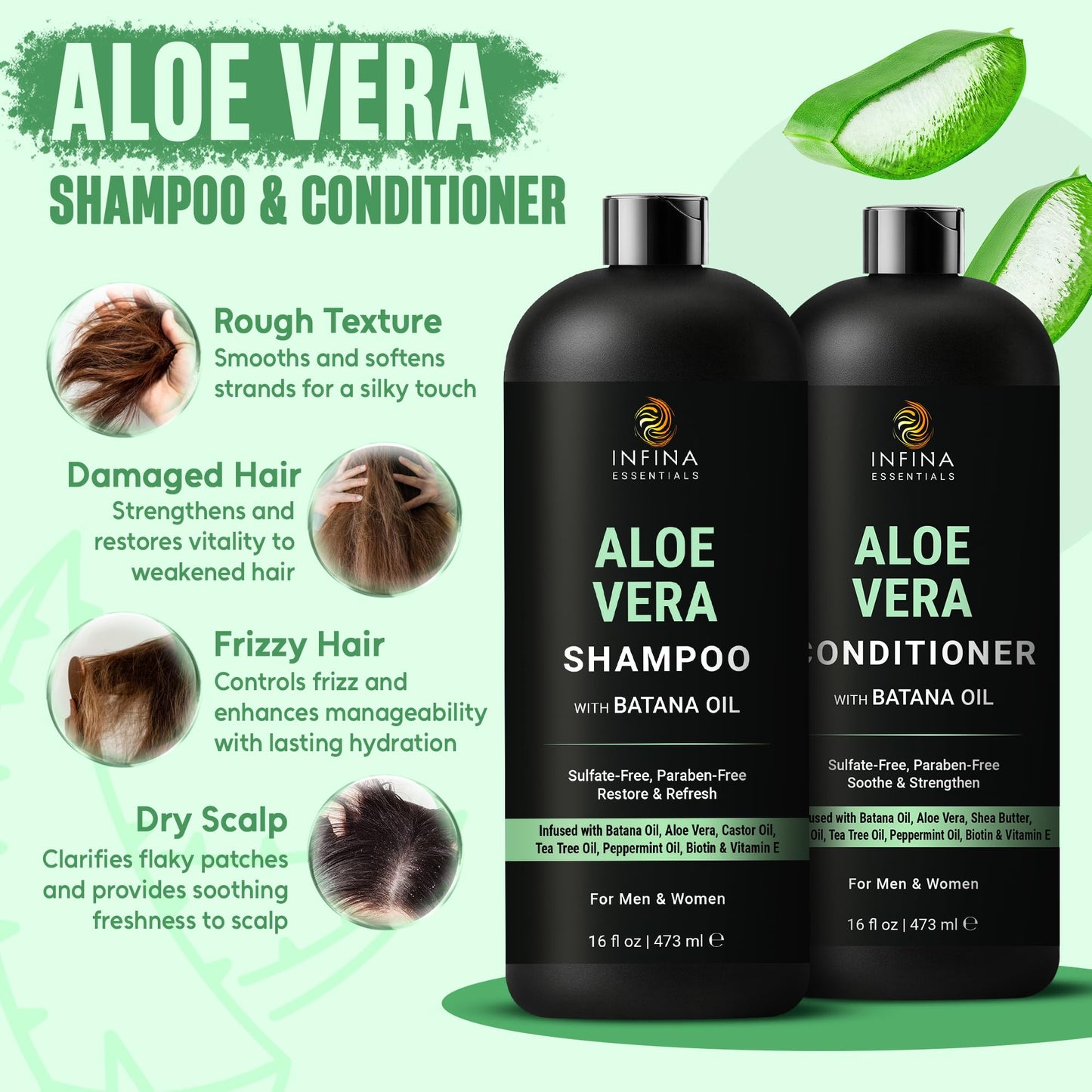 INFINA ESSENTIALS Aloe Vera Shampoo and Conditioner Set | 16 fl oz Each | with Batana Oil | Hydrating, Soothing & Moisture Balance Formula |