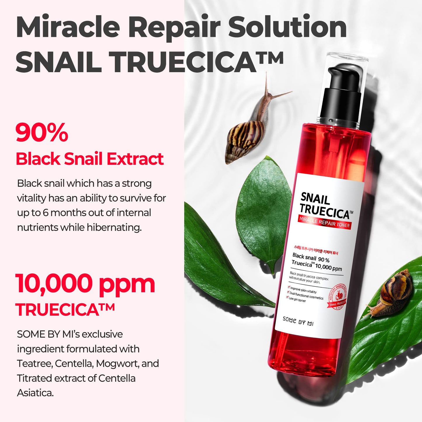 SOME BY MI Snail Truecica Miracle Repair Toner - 4.6Oz, 135ml - Made from Snail Mucin for Sensitive Skin - Daily Repair Face Toner with Skin Texture