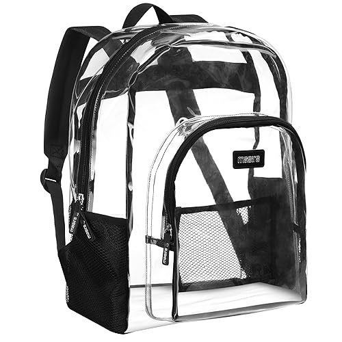 Masirs Heavy Duty Clear Backpack, Stadium Approved Transparent Design, Quick Access at Security Checkpoints, Adjustable Shoulder Straps, Dual Zippered Compartments & Mesh Side Pockets, (16"H x 11"W)