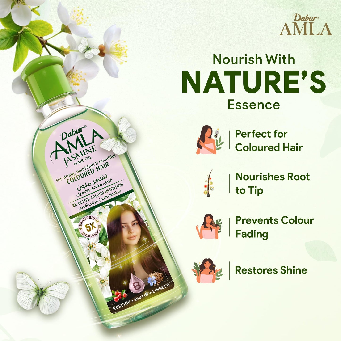 Dabur Amla Jasmine Hair Oil - Indian Hair Treatment for Healthy Hair, Moisturized Scalp, and Strengthening, Men and Women, 10.14 Fl Oz