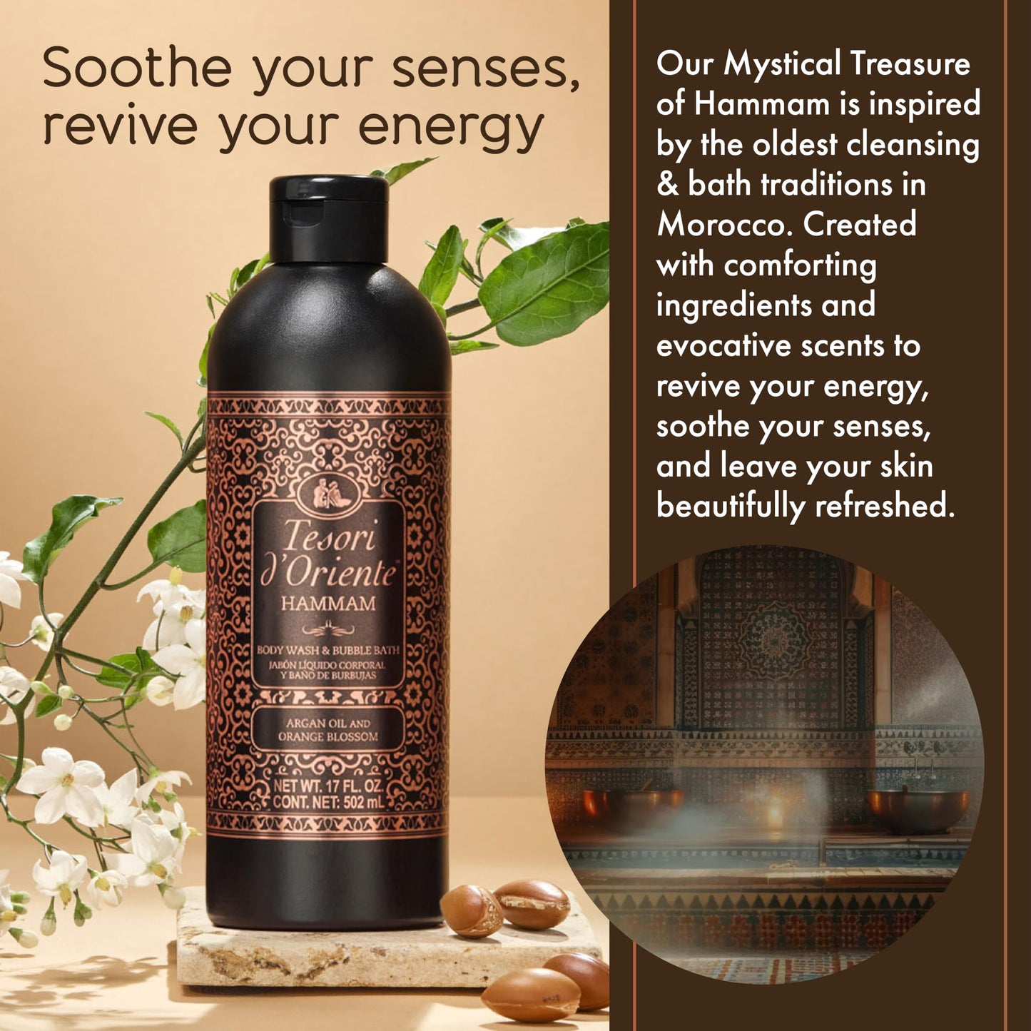 Tesori d’Oriente Hammam Body Wash & Bubble Bath, 17.5 fl oz, Gentle, Hydrating Shower Gel with Argan Oil & Vitamin E, Warm Orange Blossom Scented, No