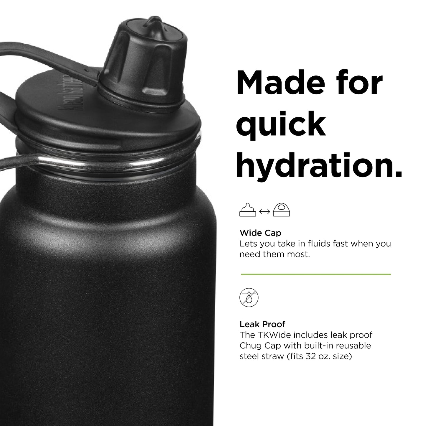 Klean Kanteen TKWide Insulated Bottle with Chug Cap - Stainless Steel, Portable - Black, 32 oz