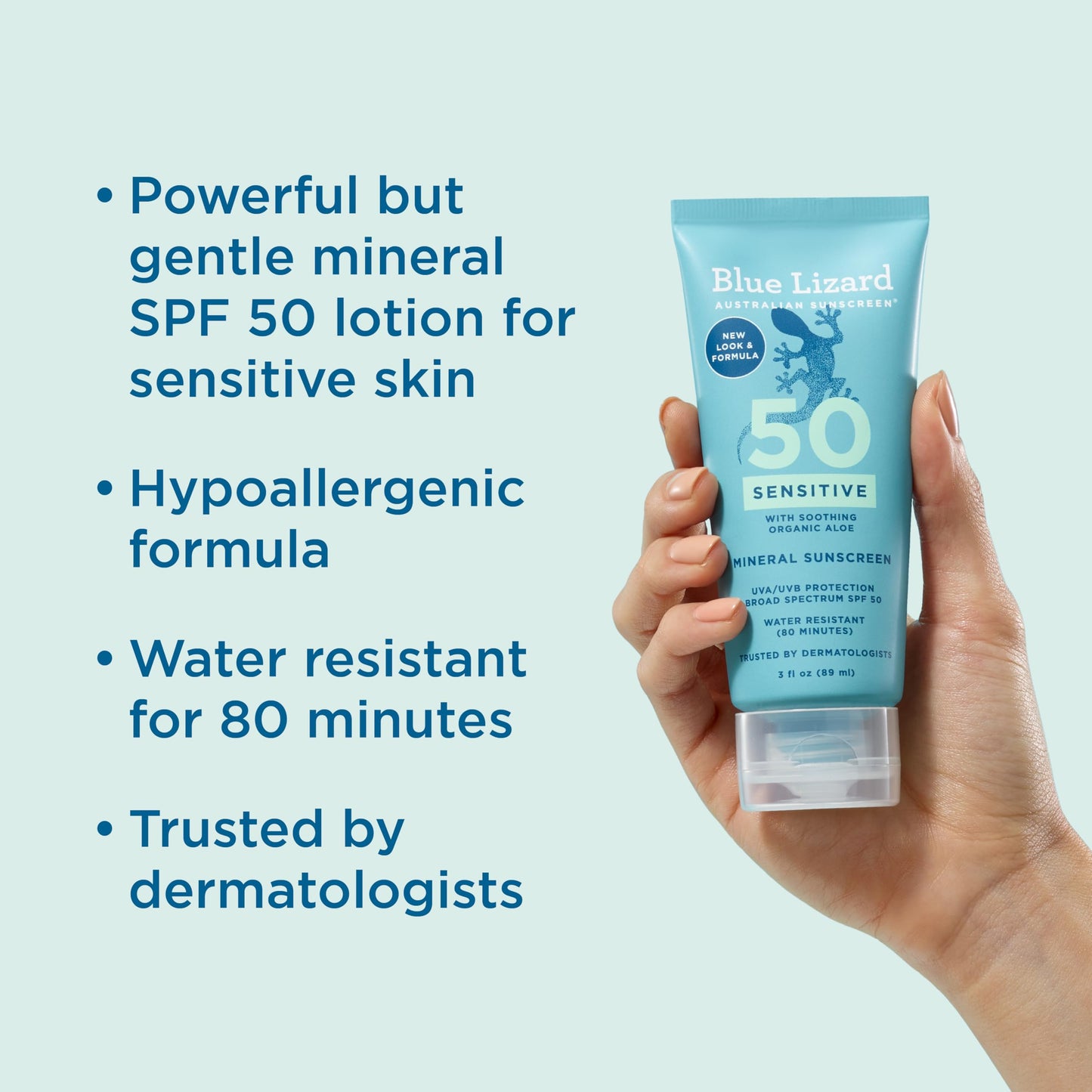 Blue Lizard SENSITIVE Mineral Sunscreen with Zinc Oxide, SPF 50+, Water Resistant, UVA/UVB Protection with Smart Cap Technology - Fragrance Free, 3
