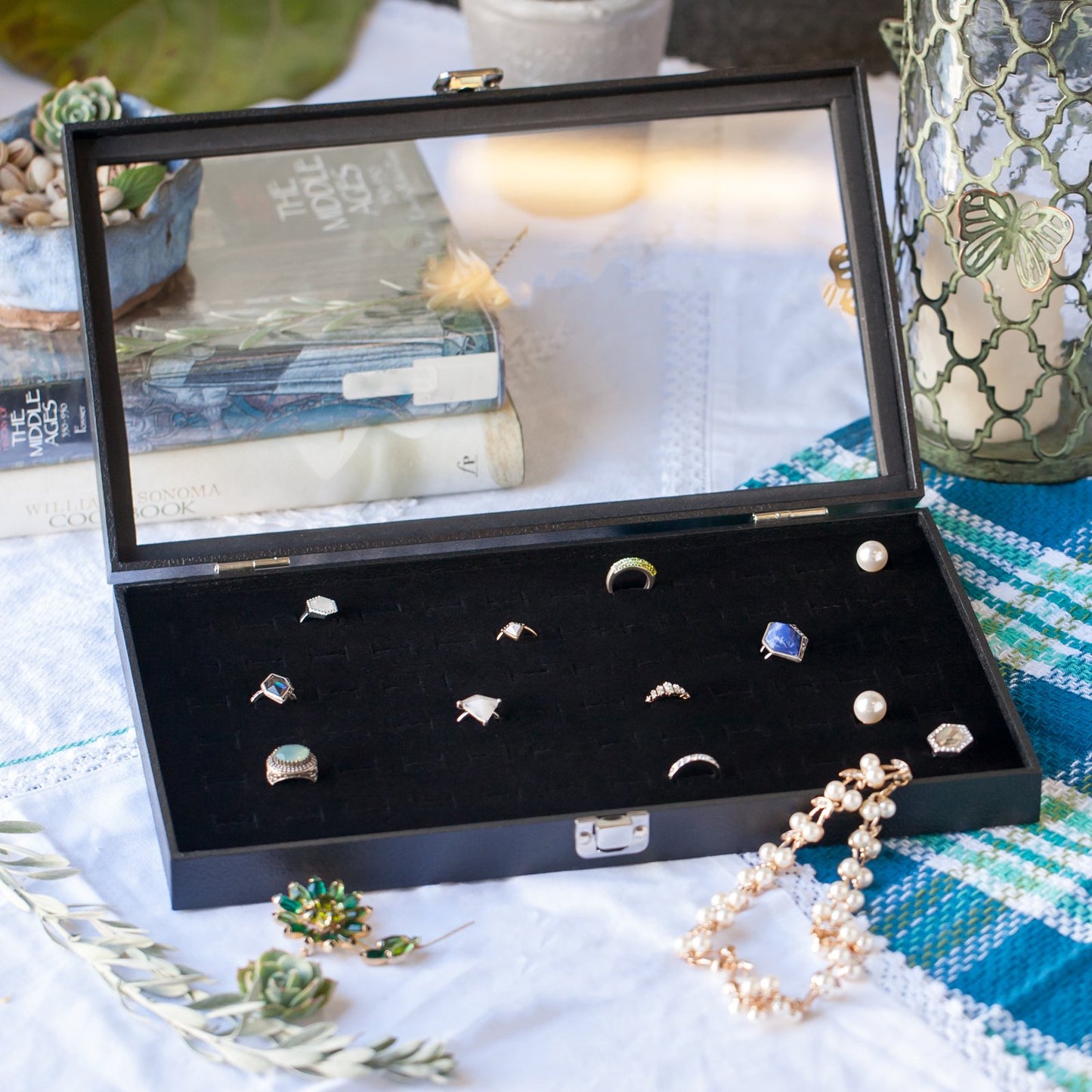 Huji Glass Top Ring Display Showcase With Velvet Insert Liner Jewelry Organizer (1, 72 Slot Case)
