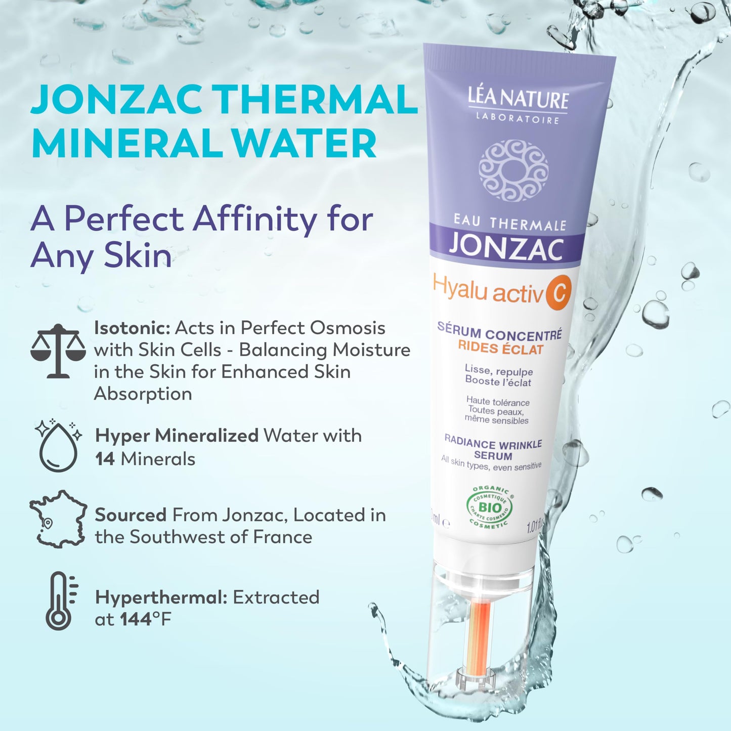 Eau Thermale Jonzac Organic Hyalu Activ C Serum for Face & Eyes - Optimized Vitamin C 5x More Stable With Hyaluronic Acid - Anti-Wrinkle - Brighter