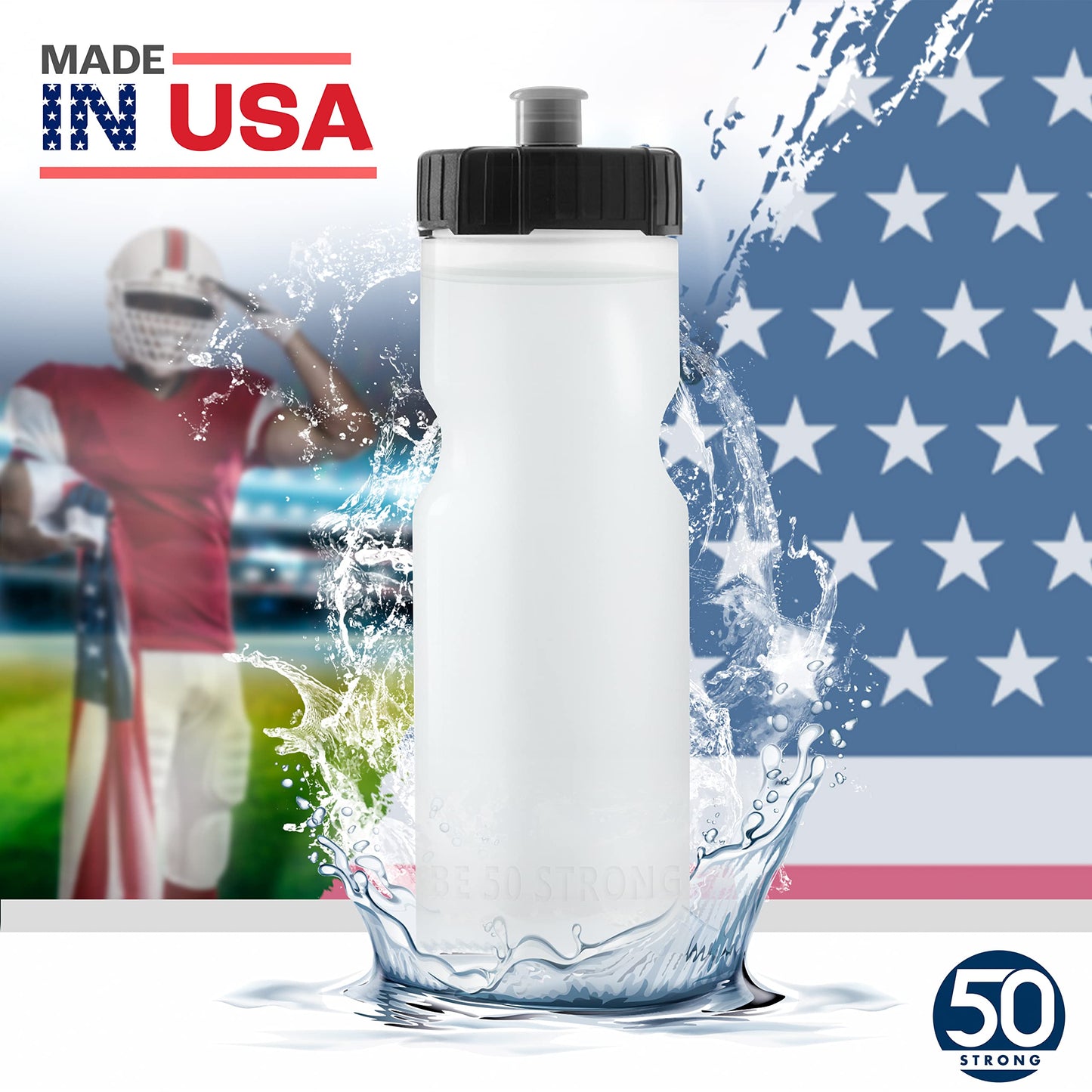 50 Strong Sports Water Bottles 6-Pack - Reusable 22 oz BPA-Free Plastic Bottles with Pull Top Cap - Made in USA - Top Rack Dishwasher Safe - Fits